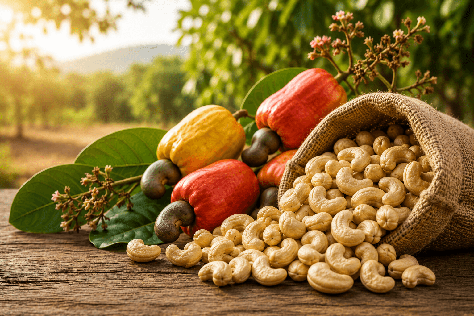 Cashew nuts with fresh cashew fruit at an agricultural source