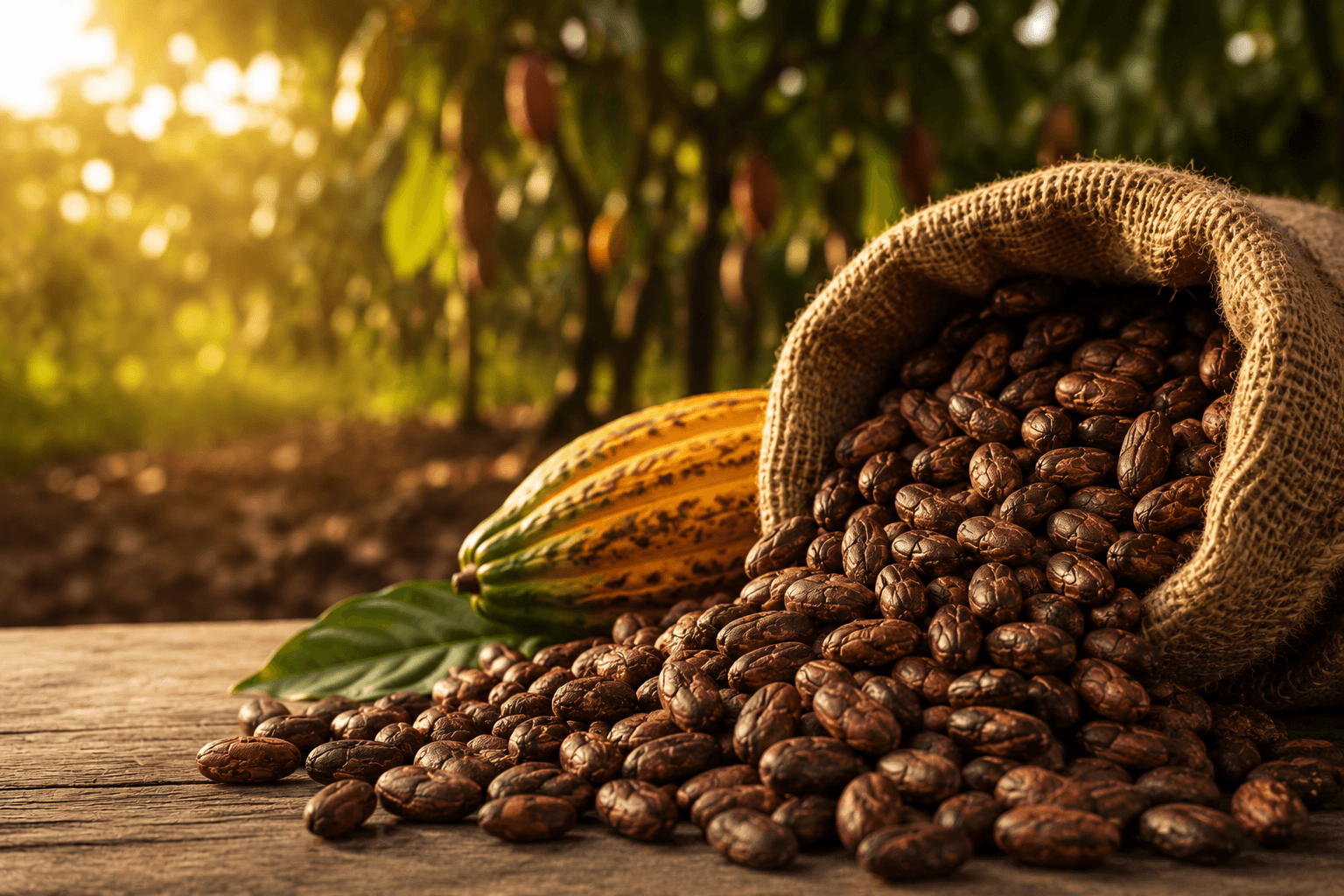 Cocoa beans beside a ripe cocoa pod on a Nigerian cocoa farm