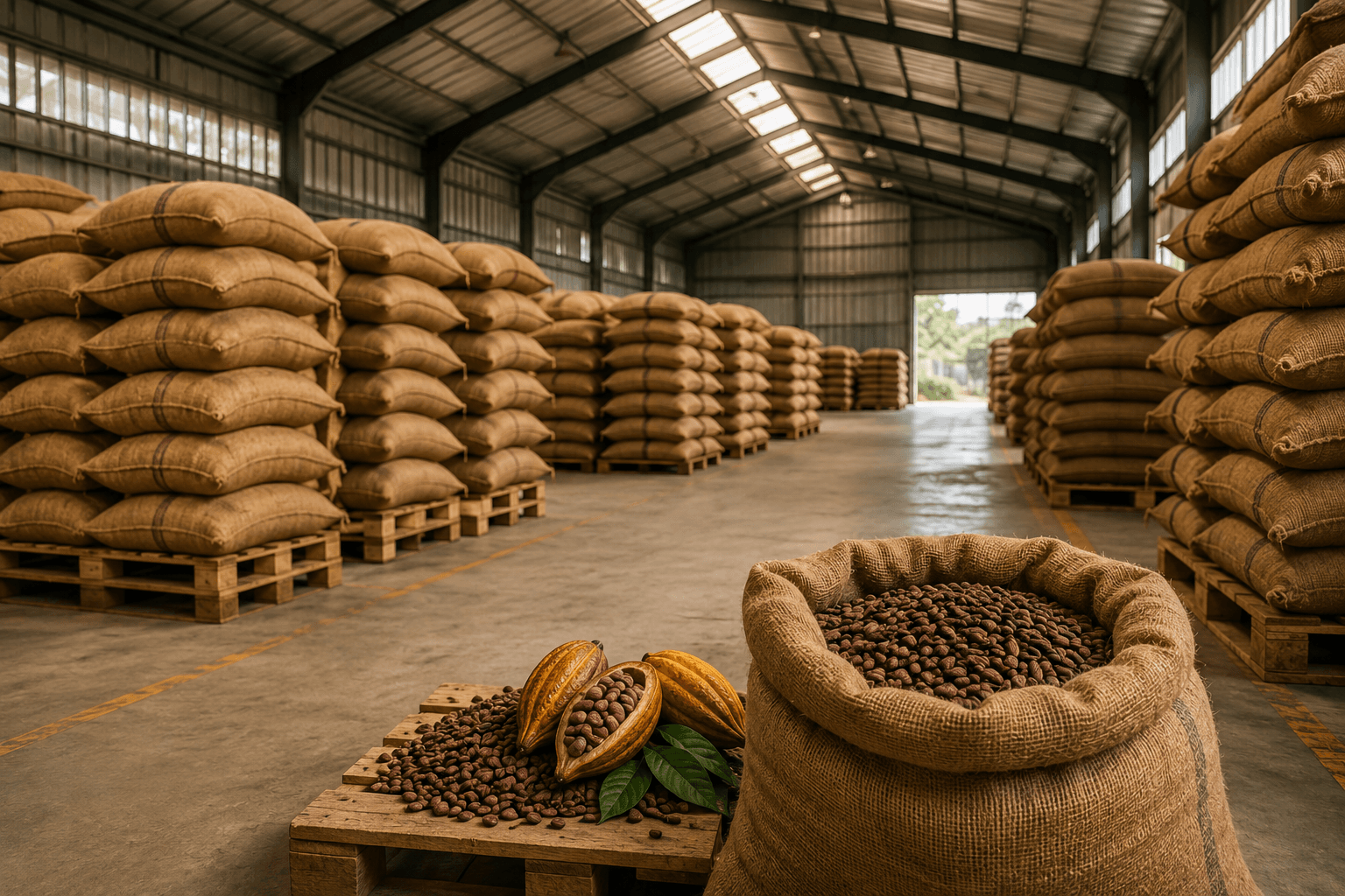 Cocoa beans and prepared sacks inside an agricultural warehouse