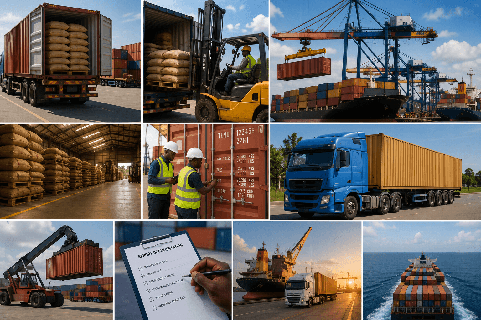 Export logistics including warehousing, container handling, road transport and international shipping