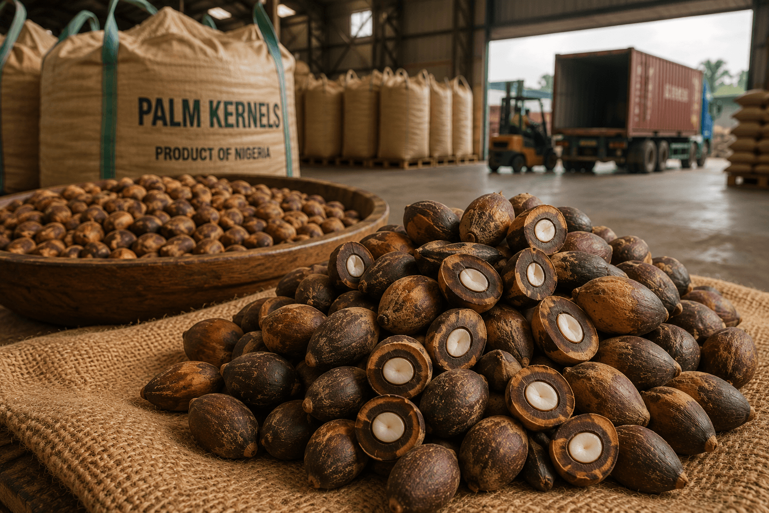 Palm kernels prepared in an agricultural warehouse for export