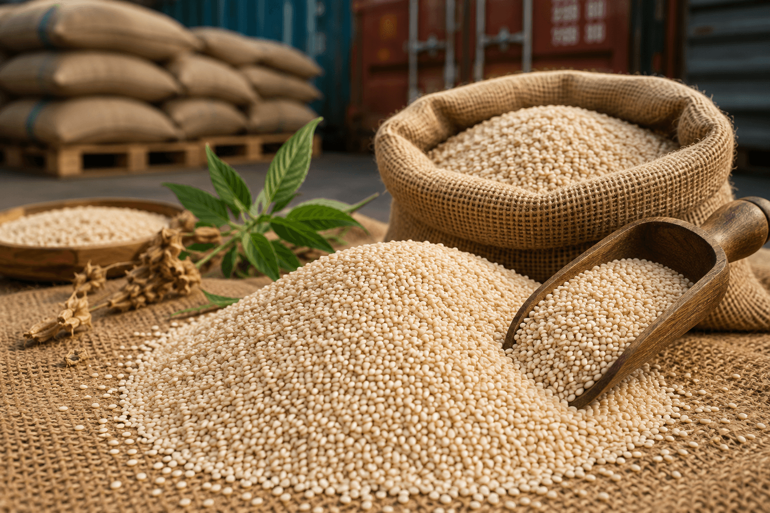 Sesame seeds prepared in sacks and a wooden scoop for export