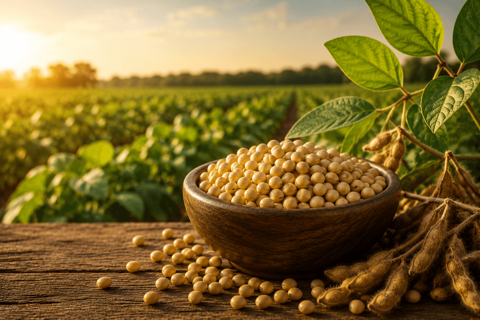 Soya beans displayed beside mature soybean plants in a field